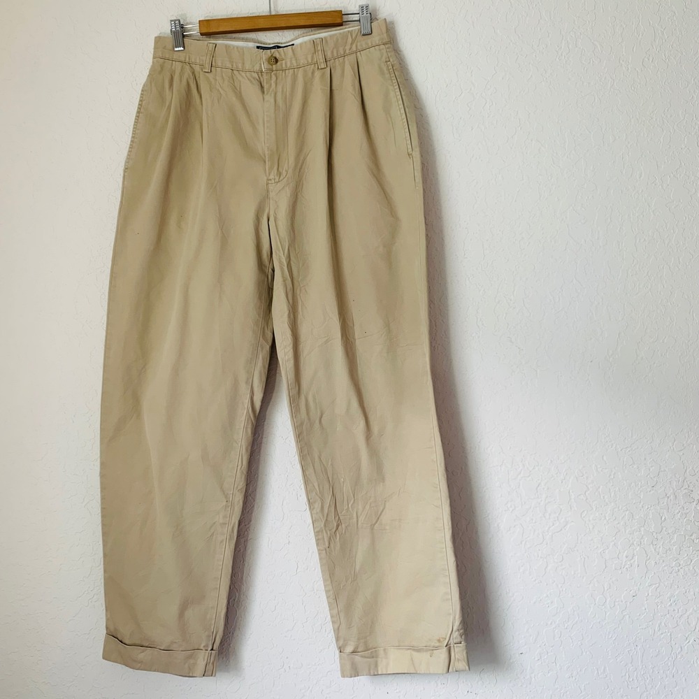 Polo Ralph Lauren Chino Pant Men 32x30 Tan Pleated Cuffed Khaki Old Money Luxury